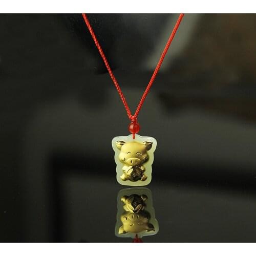 Natural A handcarved lucky pig green jade pendant inlaid18k gold pendants neclace women jadeite jade jewelry jade necklace