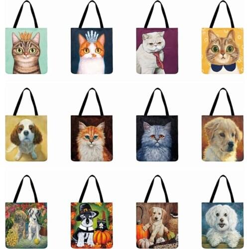 Women Tote Bag Cute Puppy Kitten Painting Print Women Casual Tote Ladies Shoulder Bag Foldable Shopping Bag Outdoor Beach Bags