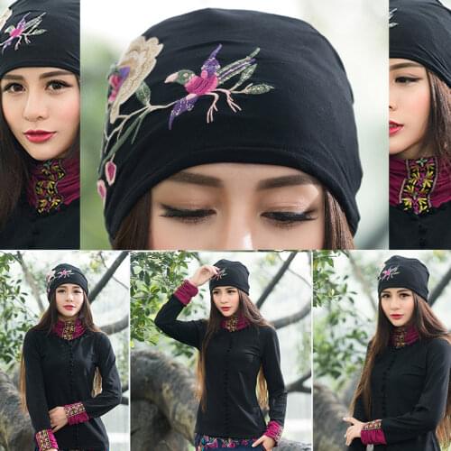 Women Spring Autumn Mexican Style Vintage Hippie Black Blue Flowers Embroidery Hat Skullies Beanies