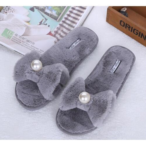 2019New Autumn Cotton Slippers Month Shoes Pearl Bow Plush Flat Word Dragging Hair Open Home Slippers Women Leisure Shoes NO,71