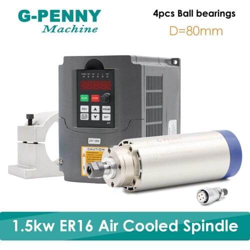 New Product! 220V 1.5KW ER16 CNC Air Cooled Spindle Motor 80mm Air Cooling 4Bearings CNC& 220v 1.5kw VFD inverter & 80mm bracket