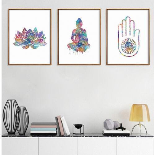 Abstract Watercolor Buddha Statue Colorful Lotus Canvas Painting Zen Painting Modern Home Living Room Decoration Wall Art