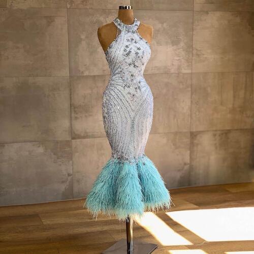 Aso Ebi 2020 Luxurious Mermaid Evening Dress Beading Lace Tea Length Prom Dresses Sexy Backless Arabic Formal Party Gowns