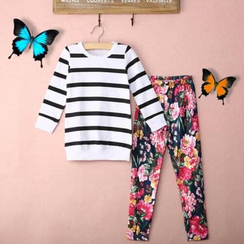 Kids Baby Girls Clothes Striped Tops T Shirt+Floral Leggings Elastic Pants Outfit Set Spring Toddler Girls Suit