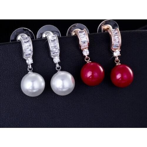 Long Drop Earrings Pearl Round Simulated Zirconia Wedding Jewelry Hook Earrings Fashion Rose Gold Color For Party