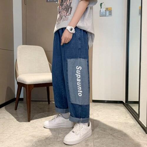 Hiphop Stitching Jeans Casual Loose Printed Letter Straight Leg Pants Streetwear Trend High Street Washed Mens Denim Trousers