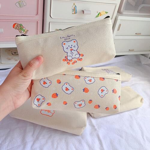 Cute Bear Canvas Pencil Case Pen Bag Korean Stationery For School 2021 Student Cases Bags Office Supplies