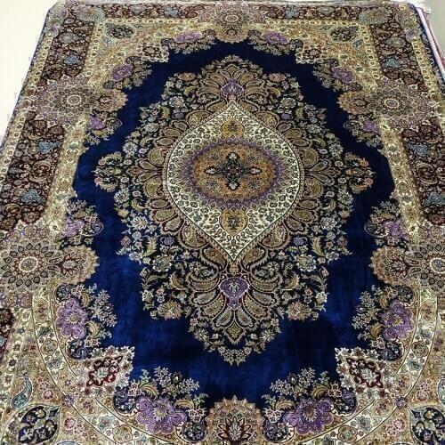 FangCun 6'x9' Classic Persian Medal-style handmade silk carpets in blue and purple use for living room or office