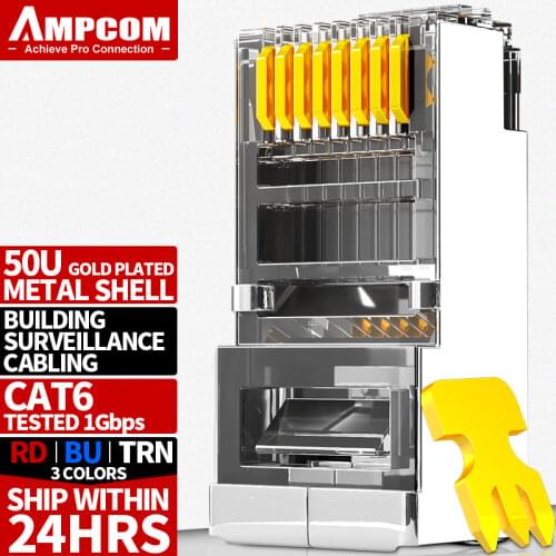 AMPCOM CAT6 Shielded RJ45 Modular Plug connector 50μ Gold Plated 8P8C RJ45 Connectors Crimp End Ethernet Cable 24-28AWG