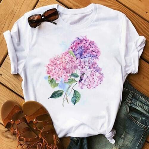New Fashion Women T Shirt Hydrangea Flower Tshirt Kawaii Tee Tops Harajuku Short Sleeve T-shirt Casual Fuuny Female Tops Clothes