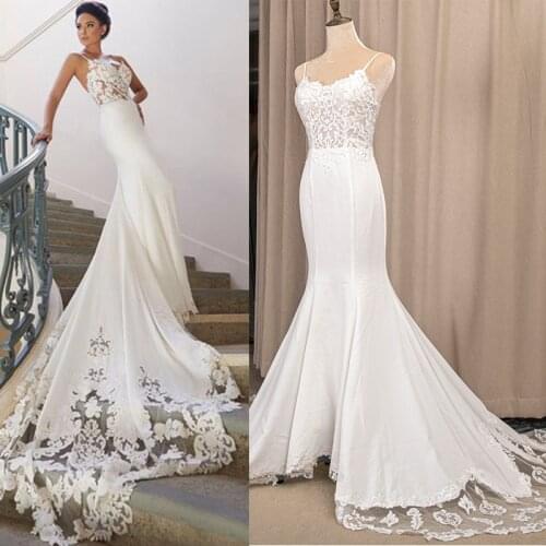Fit and Flare Applique Wedding Dress Spaghetti Straps Backless Beach Boho Sheer Lace Train Custom Made Bridal Gowns 6264