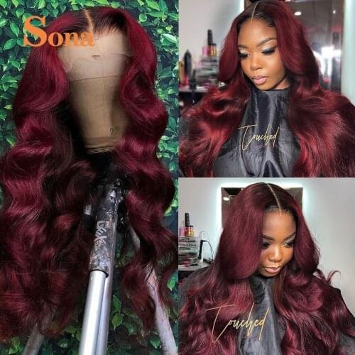 Burgundy Lace Front Wigs Colored 180% Density 13X4 Red Lace Frontal Human Hair Wigs for Women Ombre Transparent Lace Wig