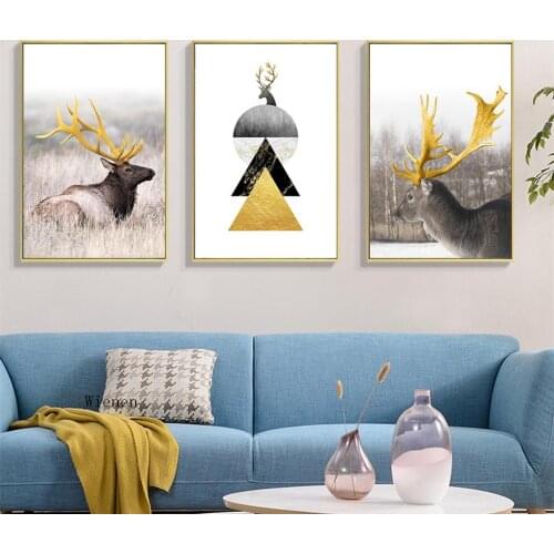 Nordic Style Poster Abstract Geometric Gold Deer Elk 3 Piece Wall Art Canvas Painting Modular Picture for Living Room Home Decor