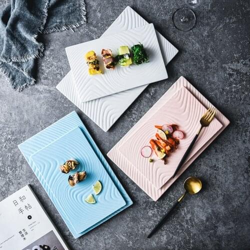 30cm Rectangular Ceramic Tray Solid Color Wood Grain Flat Plate 10 Inch Dinner Plate Retro Cake Dessert Tableware Decoration