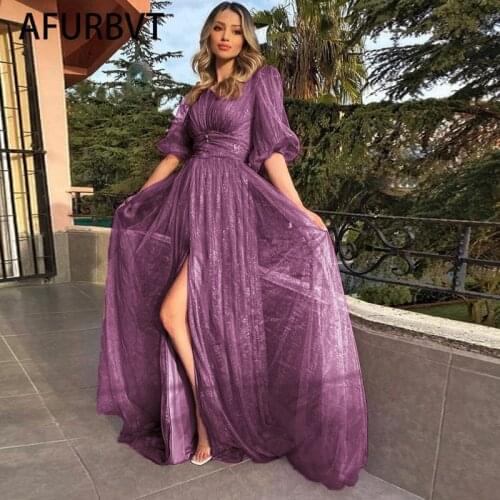 Half Puff Sleeves Prom Dresses V-Neck Pleats Chiffon Princess Evening Gowns Women Party Dress Purple 2021 Maxi Dress