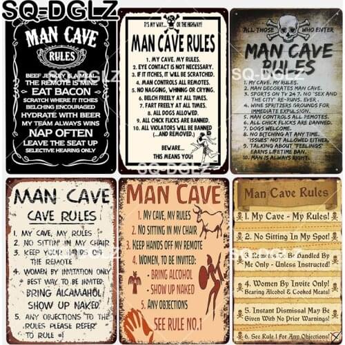 [SQ-DGLZ] New Man Cave Rules Tin Sign Private Space Wall Decor Bar Metal Crafts Home Decor Retro Painting Plaques Art Poster