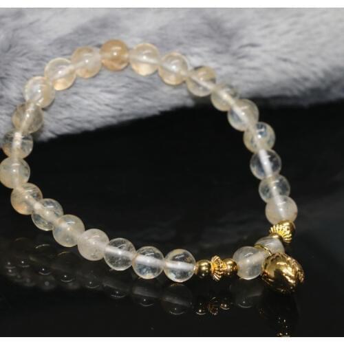 High Quality Light Yellow 6mm Round Beads Bracelets Watermelon Crystal Gold-color Drop Pendant Jewelry Making 7.5inch B2116