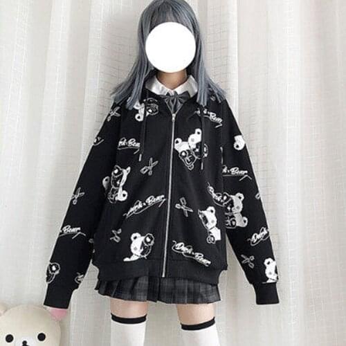 Japanese Gothic Sweatshirt Women Harajuku Zip Up Plus Velvet Hooded Pullover Sweatshirt Long Sleeve Autumn Kawaii Cute Hoodies