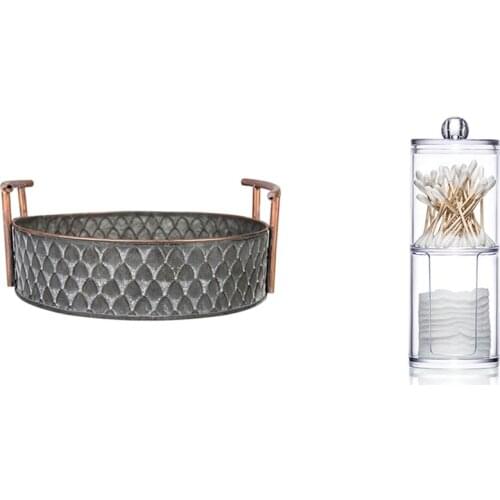 Storage Box Cotton & Pad Box Cosmetics Swab Holder & Round Antique Decorative Trays with Handles