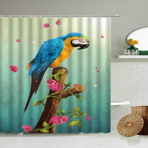 Cartoon Colorful Parrot Flower Shower Curtain Tropical Animal Bird Family Bathroom Wall Decoration Waterproof Polyester Screen