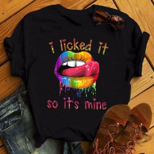FIXSYS Summer New Fashion Rainbow Lips I Licked It So Its Mine Funny Letters Printed Black Tshirt Women Short Sleeve Tshirts