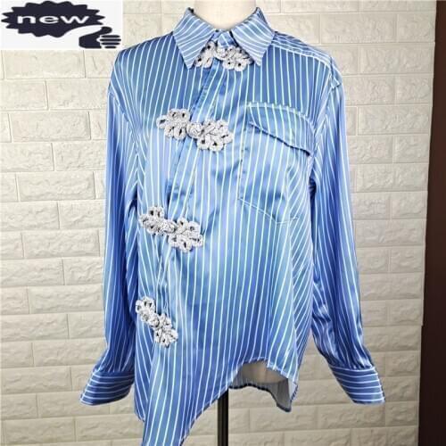 Chinese Style Spring Office Lady Elegant Single Breasted Striped Blouse Streetwear Long Sleeve Bow Blue Tops Shirts
