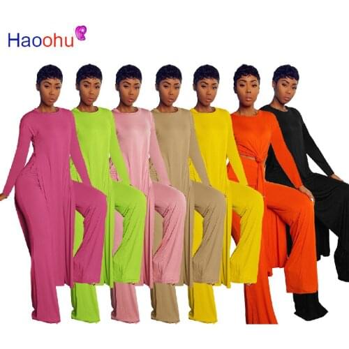 HAOOHU Women Autumn Two Piece Suits Solid Casual Long Sleeve Split t-Shirt and Wide Leg Pants Set