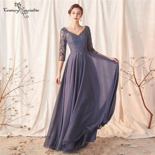 Stormy Blue Long Mother of Bride Dresses with Sleeves 2021 V-Neck Lace Appliques Beaded Chiffon Formal Evening Dress Prom Gowns