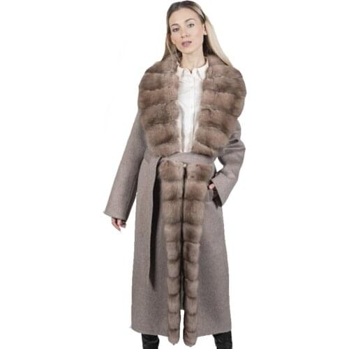 Top Selling Cashmere Robe Coat Women Wool Blend Cardigan With Real Fox Fur Trim 2021 New Arrival