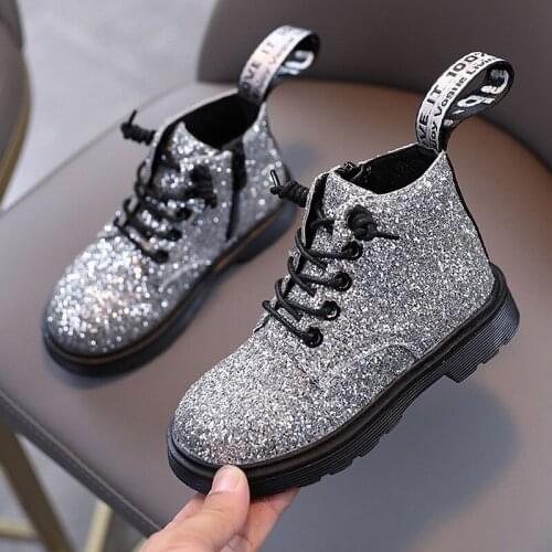 2021Winter Childrens Cotton Shoes Plus Velvet Warm Waterproof Sequined Snow Boots Short Boots Leather Kids Martin Boots Rubber