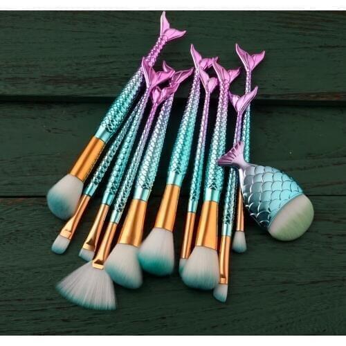 11 pcs Foundation Brushes Mermaid Makeup Brush Set Colorful Synthetic Hair Make up Tools Kits Blush Powder Eyebrow Face Brushes