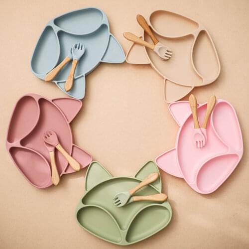 3 Pc/set Childrens Dishes Food Grade Silicone Dining Plate Cartoon Fox Tableware Set Anti-hot Training Bowl Spoon Fork BPA Free