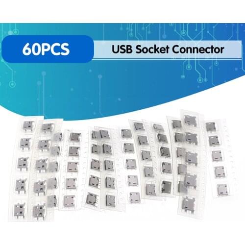 60pcs/lot 5 Pin SMT Socket Connector Micro USB Type B Female Placement 12 Models SMD DIP Socket Connector