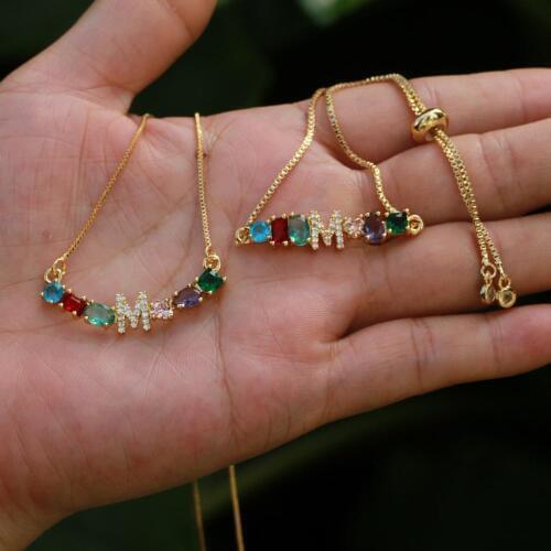 New Design 1Pcs Gold Chain Bracelet Rainbow CZ Cubic Zirconia Initial A to Z Letter Mix Color Fashion Curved Bar Bracelet