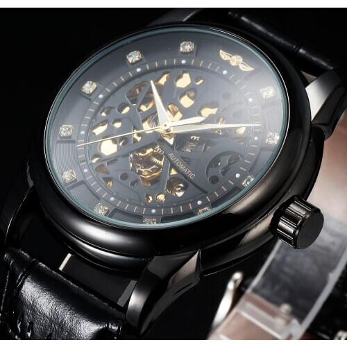 New WINNER Top Brand Luxury Mens Automatic Watch Diamond Skeleton Dial Black Clock Leather Strap Mechanical Wrist Watches Men