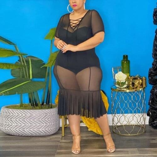 Black Transparent Dresses For Womens 2021 Summer New Lace Up Bodycon Mid Calf Sex Evening Night Club Vestidos Mujer Dress 2021