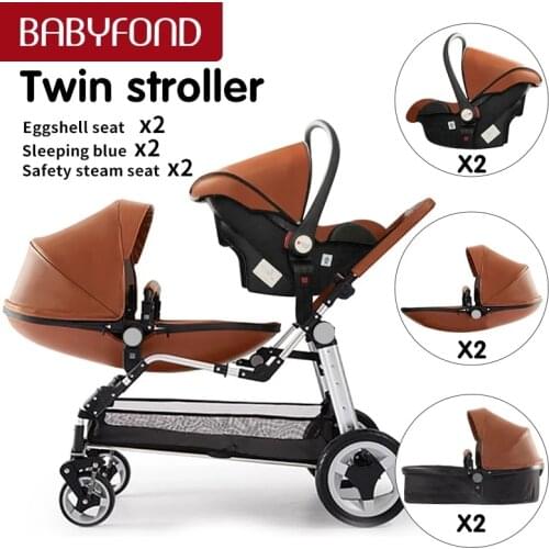 Luxury twins stroller aluminum frame leather twin pram baby can sit and lying with car seat double stroller