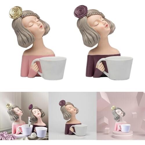 Moden Girl with Cup Character Statue Tabletop Sculpture Home Tabletop Decor