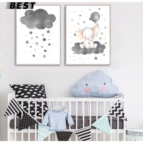 Cartoon Elephant Balloon Cloud Poster Animal Nursery Art Print Wall Picture Canvas Painting Nordic Kid Baby Bedroom Decoration