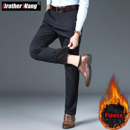 High Quality Winter Men Fleece Thick Business Casual Pants Classic Style Black Navy Stretch Solid Color Warm Trousers Male Brand