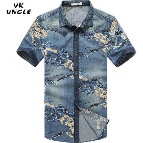 Men Blue Denim Shirts Homme Short Sleeve Shirt Brand Shirts Flower Printed Mens Casual Cowboy Clothes Cotton M-5XL,YK UNCLE