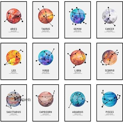 Nordic 12 Constellation Canvas Painting Wall Art Poster Planet Astronomy Stars Modular Pictures for Living Room Home Decor