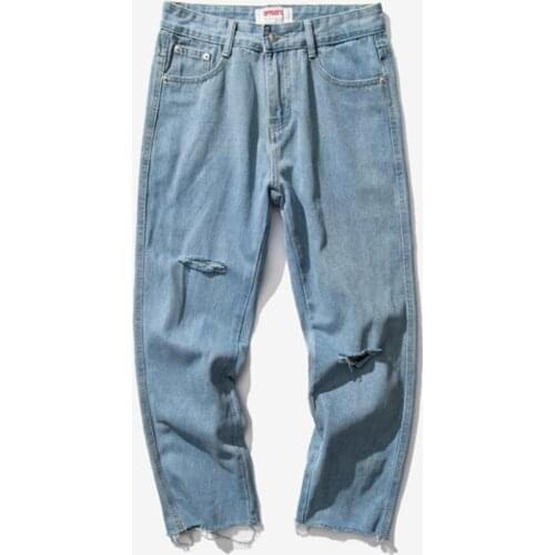 New 2020 Hong Kong style summer loose hole beggar pants Korean straight cropped ankle length pants trendy thin rotten feet jeans