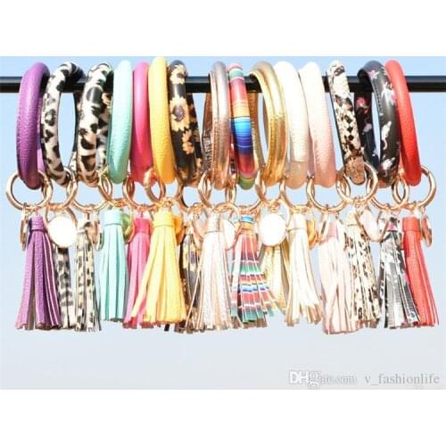 New fashion ladies tassel bracelet PU leather wrapped key ring printed key chain wrist strap sunflower oil drop ring chain gifts