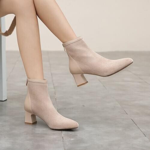 New Stretch ankle boots Women Zipper boots spring winter elegant Square high heels shoes female Plus size 37 38 41 42 43 45 46