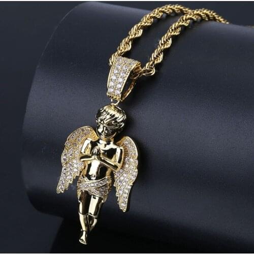 HipHop Men Women Necklace Gold Color Plated Iced Out Micro Pave CZ Stone Angel Pendant Necklaces Lovesblessing Gifts