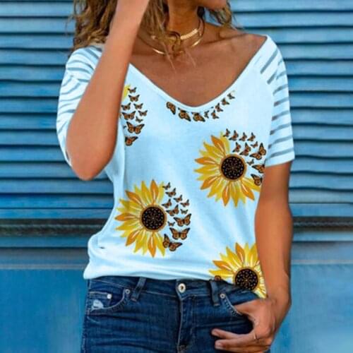 Plus Size Women T-shirt Summer Fashion Casual V Neck Flower Printed Short Sleeve Loose Top Tee