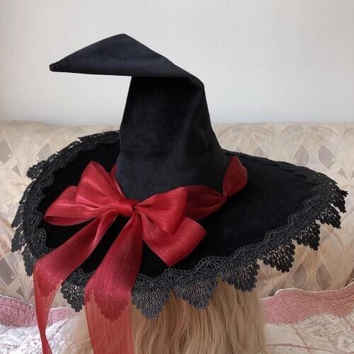 Lolita Witch Hat Gothic Magic Halloween Costume Accessories Props Vintage Lace Big Bow Masquerade Party Peaked Cap Wizard hat