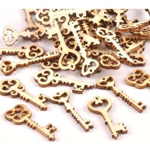25Pcs Wooden Ornament Mixed Key Pattern DIY Crafts Home Decoration Scrapbooking Unfinished Wood Slices Accessories 16x36mm m1773