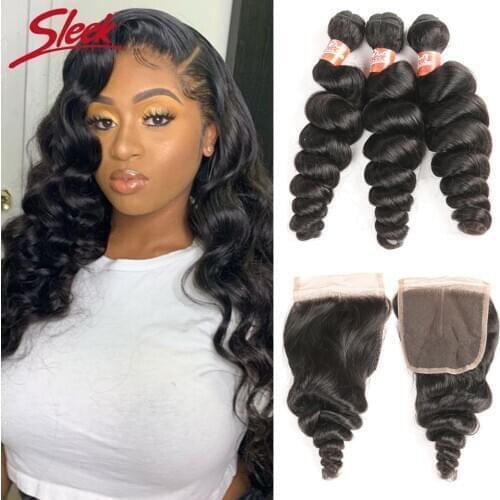 Sleek Brazilian Hair Bundles With Closure Loose Wave Bundles With Closure Remy Human Hair 3 Bundles With Closure